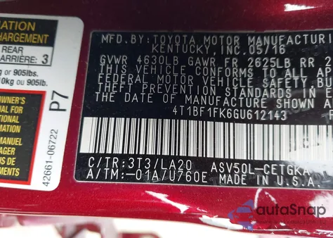 2016 Toyota Camry Xle из США, поврежденный, VIN 4T1BF1FK6GU612143